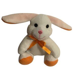 Easter Plush White Bunny With Orange Accents & Ribbon Stuffed Animal 6”